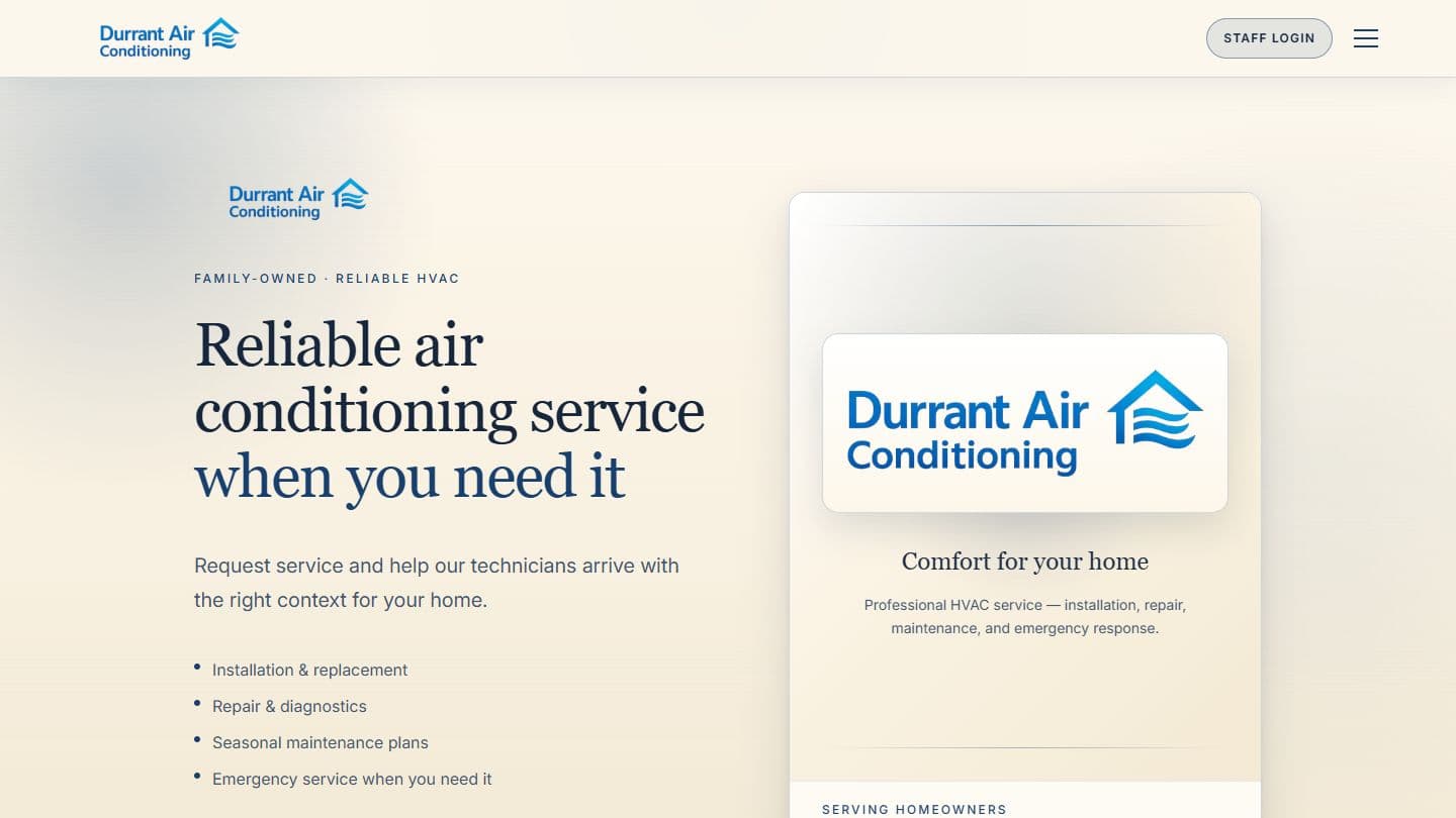 Durrant Air Conditioning live interface preview