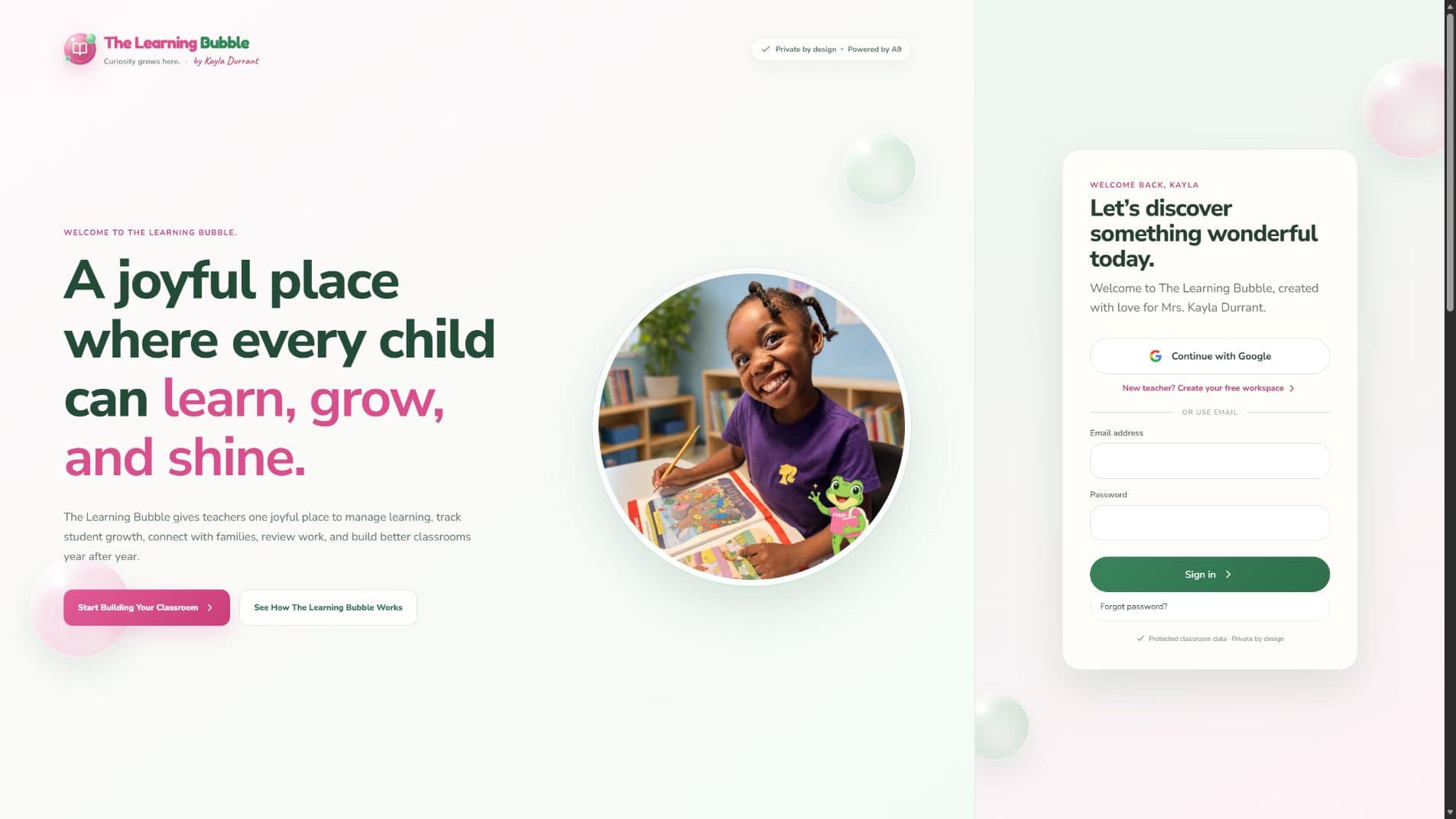 The Learning Bubble live interface preview